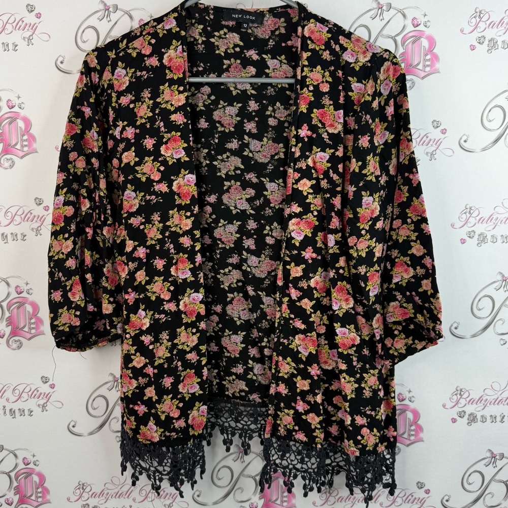 New Look cardigan open front lace crochet hem detail Black Floral Kimono Top